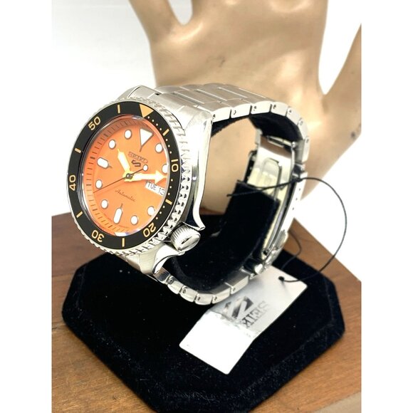 Seiko 5 Men's Watch SRPD59 Automatic Orange Dial Day Date Silver Stainless Steel - Picture 2 of 15